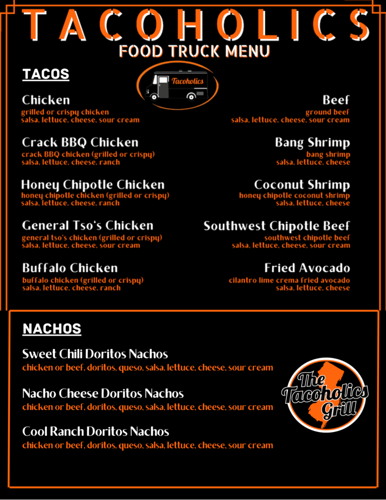 Tacoholics food truck menu